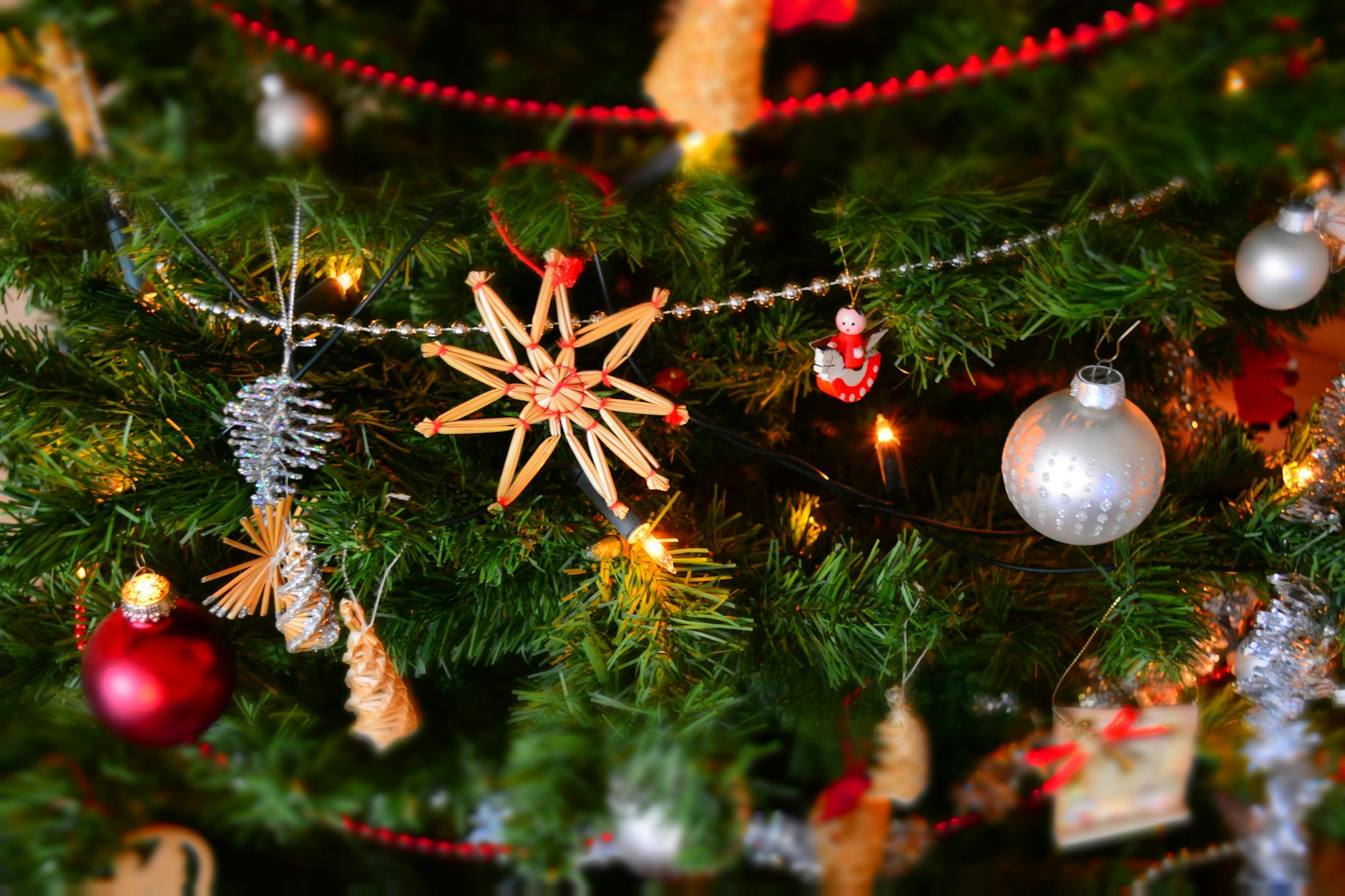 close up of christmas decoration hanging on tree